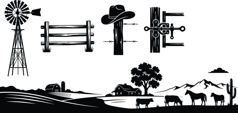 Western ranch and rural countryside landscape black silhouette vector set featuring windmill cowboy hat and farm livestock