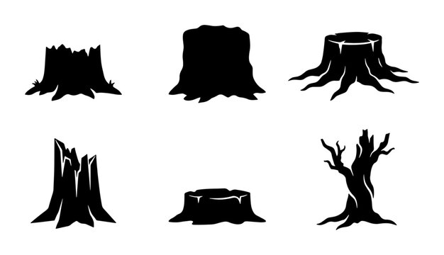Tree Stumps Silhouettes, Forest Elements, Nature Icons, Wood Cutouts, Vector Set