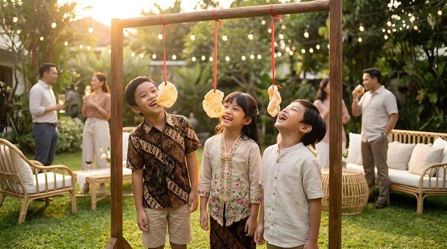 Children participating in traditional cracker eating contest outdoors.