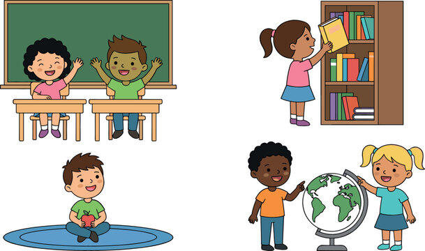 Preschool Sunday School Classroom Library and Geography Activity Clipart Collection Vector Featuring Flat Cartoon Multi Ethnic Children Study Desk Bookcase Storage Floor Rug and Globe Elements