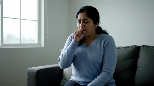 Cough scenes of women at home, women's coughs are uncomfortable