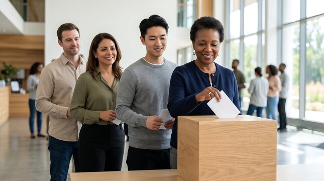 Adults depositing ballots into a wooden ballot box during an election at a community center casting votes civic