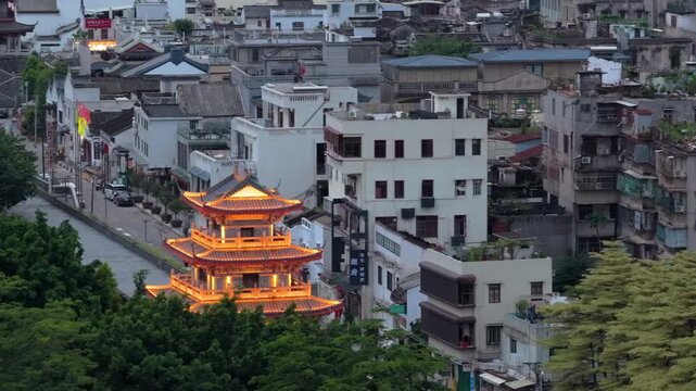 Aerial View of Guangji Gate Tower at Dawn, The gate leads into Chaozhou ancient city, Chaozhou City. Guangdong Province, China