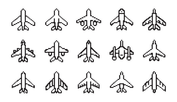 Pixel art style plane outline icons set depicting various aircraft designs for game and digital projects.