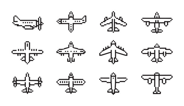 Pixelated line art aircraft icons collection showing diverse vintage plane designs for graphic projects.