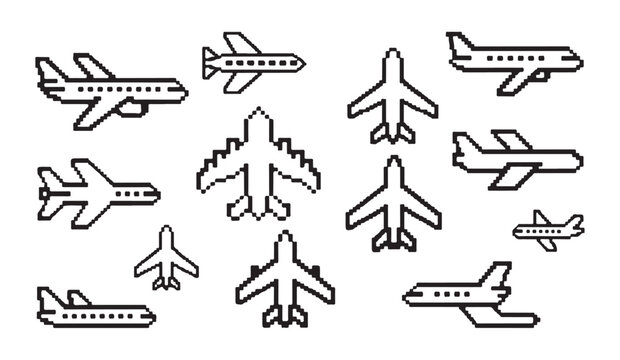 Pixelated aircraft icons featuring different airplane models for old school video game style travel layouts.