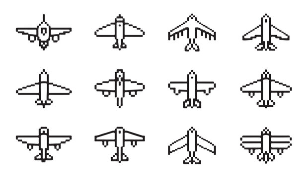 Set of pixel art style aircraft icons isolated on white background for retro game design and digital graphics.