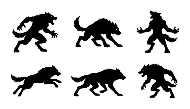 Werewolf Silhouettes, Mythical Creature Poses, Dark Fantasy Animal Vector Icons