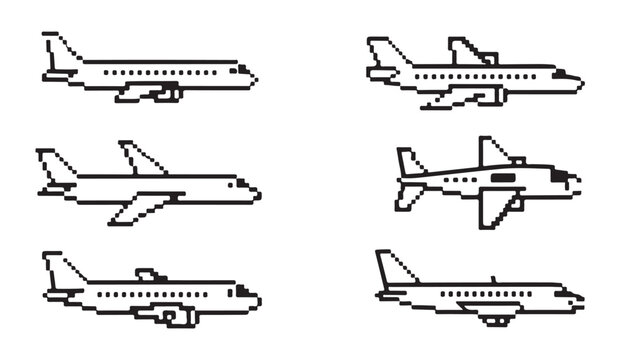 Retro pixel art aircraft side view illustrations for old school computer game design and digital interface.