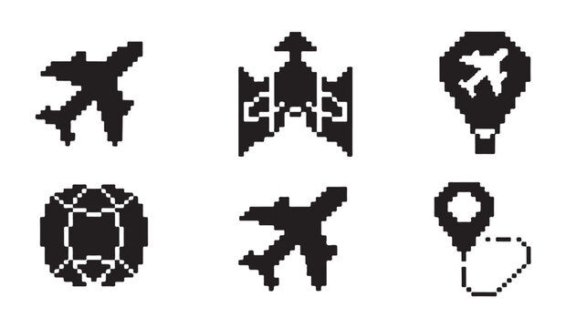 Set of pixel art airplane icon, pixel art hot air balloon icon, pixel art location marker icon, pixel art globe icon.