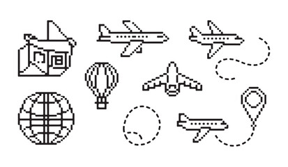 Obraz premium Pixelated travel elements featuring airplanes globe hot air balloon map and destination pin with flight paths.