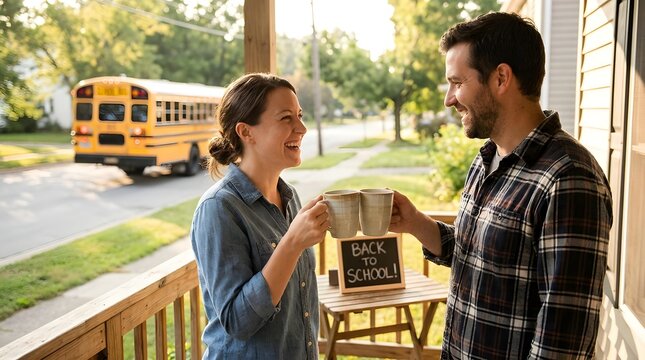 Couple drinking coffee on porch near school bus.