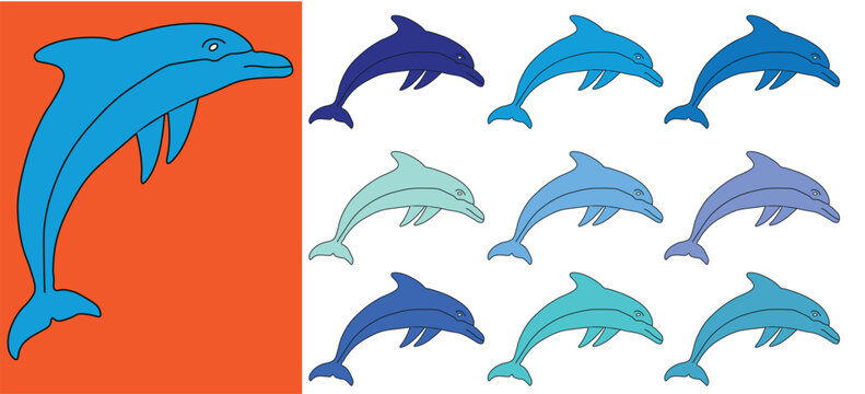 Dolphin vector icons set, colorful marine animal silhouettes in blue and teal, aquatic mammal illustrations for ocean conservation and summer design