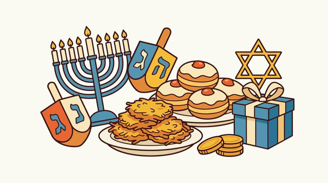 Traditional Hanukkah symbols including a menorah dreidels and festive holiday food items