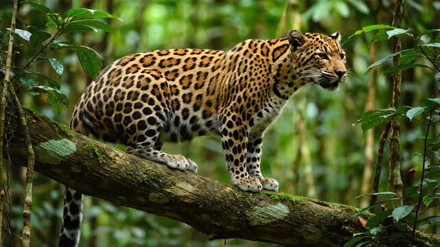 A leopard on a branch in the forest, a forest leopard perched on a branch