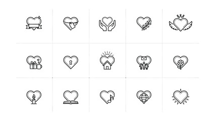 Fototapeta premium Collection of creative heart icons with various symbols representing love themes and emotions on transparent background