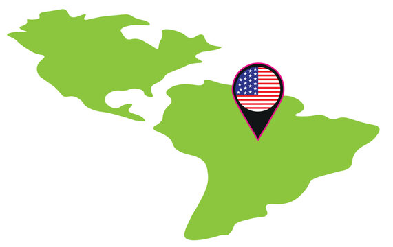 Green Americas map vector with USA flag pin, North and South America continent silhouette, United States travel and location concept