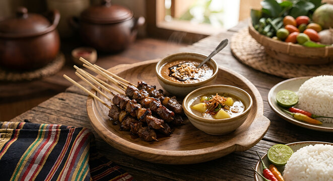 Traditional Acehnese Sate Matang grilled beef skewers served with savory peanut sauce and warm broth soup on a rustic wooden table, authentic Indonesian culinary