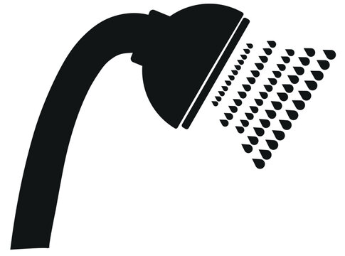 Minimalist shower head icon with falling water drops, black silhouette bathroom fixture vector, plumbing and hygiene symbol for signage