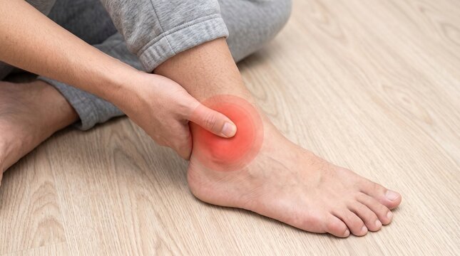 A close up view of a person holding a painful swollen ankle joint leg