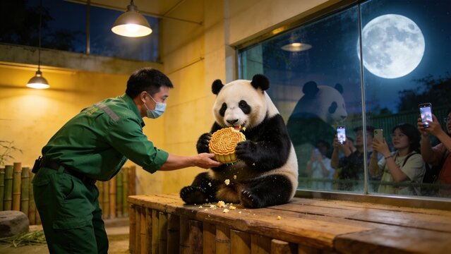 Panda Feeding Time: A zookeeper in a green uniform feeds a giant panda a round treat, while onlookers watch from behind a glass enclosure with a full moon visible outside.