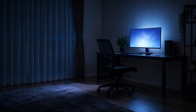 Dark home office with glowing computer monitor at night