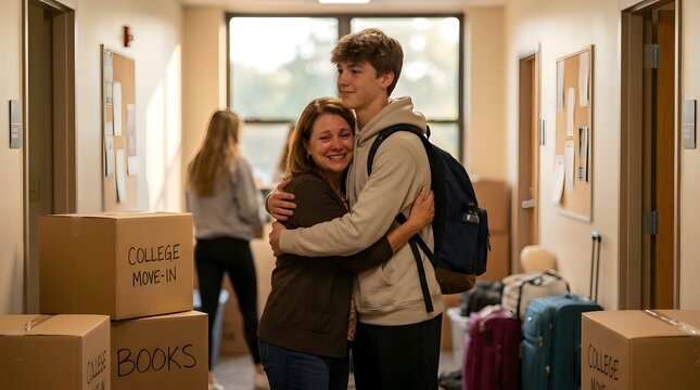 Couple hugging near moving boxes in college dorm.