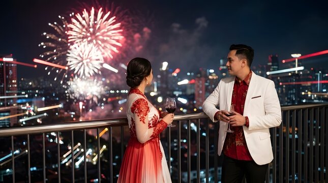 Couple watching city fireworks from a rooftop balcony.