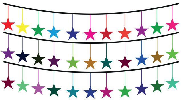 Colorful star bunting garland vector, rainbow hanging party decorations, festive multi-colored star bunting set for birthday and celebration events