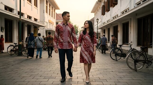 Couple wearing Batik walking in Old Town Jakarta.