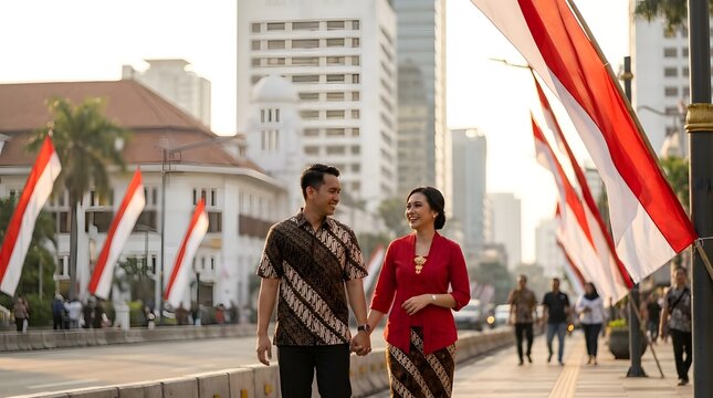 Couple wearing traditional batik walking in city center.