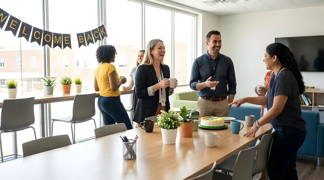 Coworkers celebrate welcome back party in modern office.