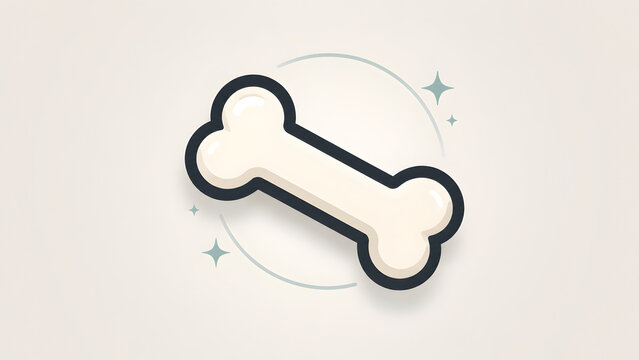 Flat cartoon white bone icon with dark outline and floating sparkles. Concept of dog food nutrition, pet shop logo design, and veterinary clinic branding.