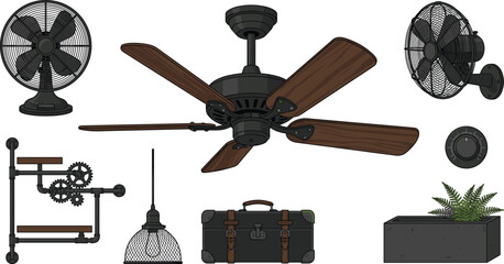 Industrial Steampunk Living Room Vector Icon Set with Ceiling Fan, Desk Fan, Pipe Shelving, Pendant Lamp, and Vintage Suitcase Elements © mstmanju