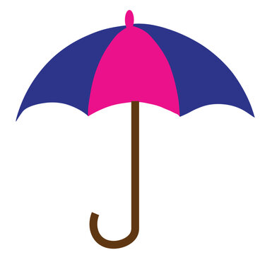 Minimalist umbrella vector illustration, pink and blue parasol with brown handle, flat weather protection icon for autumn rain and seasonal design