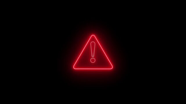 Neon glowing  warning sign glowing on black background, digital alert symbol animation caution danger. Neon glowing warning triangle sign. risk, caution, danger 4k video