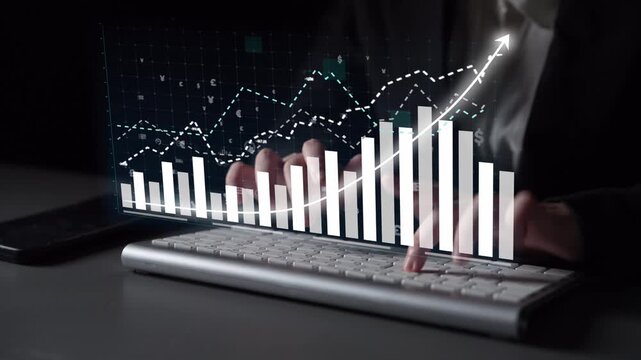 This image highlights a digital growth chart in a dark setting, symbolizing data analysis and financial success, with a keyboard in the foreground, representing modern technology. Copula