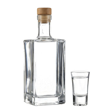 Glass liquor bottle and shot glass as isolated object