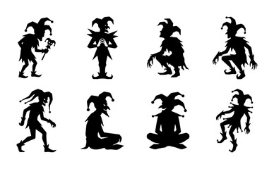 Obraz premium Jester Silhouette Collection, Medieval Court Entertainer Icons, Carnival Performer Vector Set