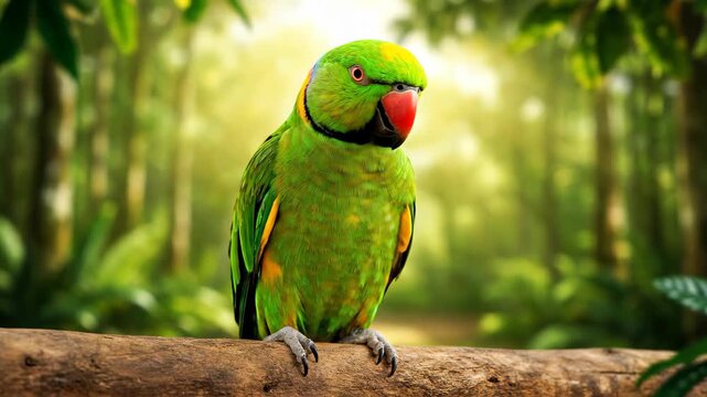 Green parrot perched on a branch, close up of green parrot perched on a branch