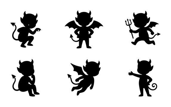 Cute Devil Silhouettes, Vector Icons Set: Mischievous Characters, Fantasy Creatures, Halloween Graphics