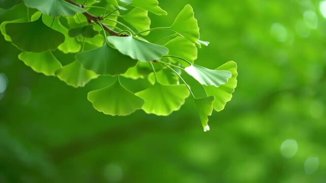 Close up of green ginkgo leaves, tender green ginkgo leaves swaying in the wind