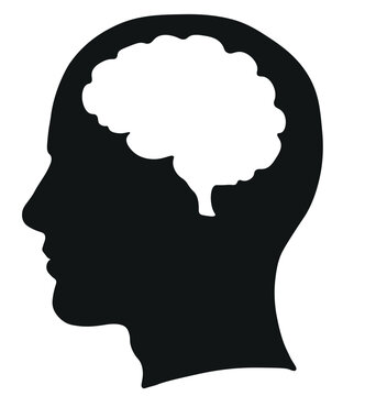 Minimalist human head silhouette with brain icon, black and white profile vector, mental health and psychology concept illustration