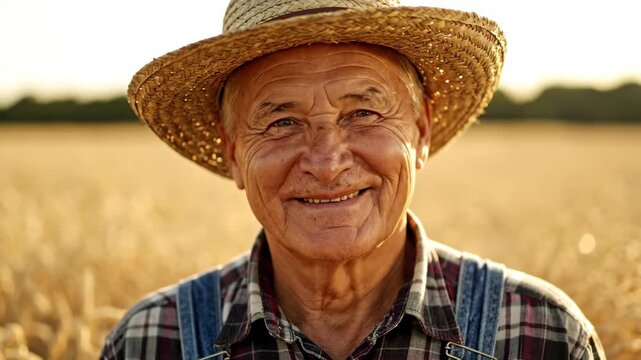 Elderly farmer in straw hat in wheat field, smiling face in wheat field