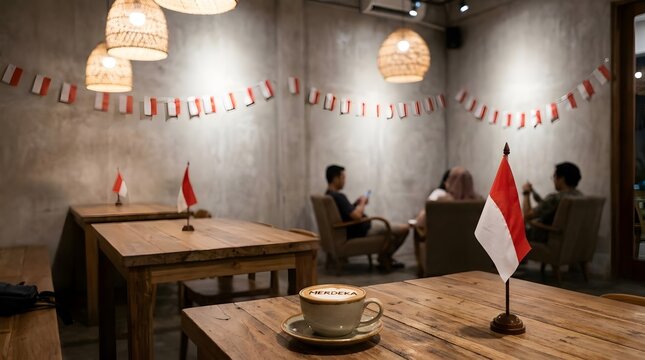 Cozy cafe interior decorated with Indonesian flags for independence.