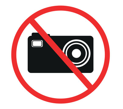 No photography prohibited sign vector, red circle with diagonal line over black camera icon, restricted area warning symbol for security and privacy