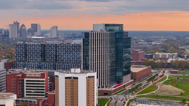 Aerial view of Ohio state university campus in Columbus Ohio during a cloudy sunset