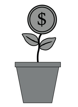 Minimalist money tree vector illustration, dollar coin plant growing in a flower pot, financial growth and investment concept icon in grayscale