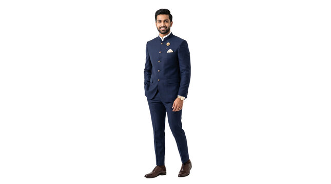 Elegant Indian man in navy blue bandhgala suit, handsome groom in traditional ethnic wedding attire, formal Jodhpuri suit for festive celebrations isolated PNG with Transparent Background