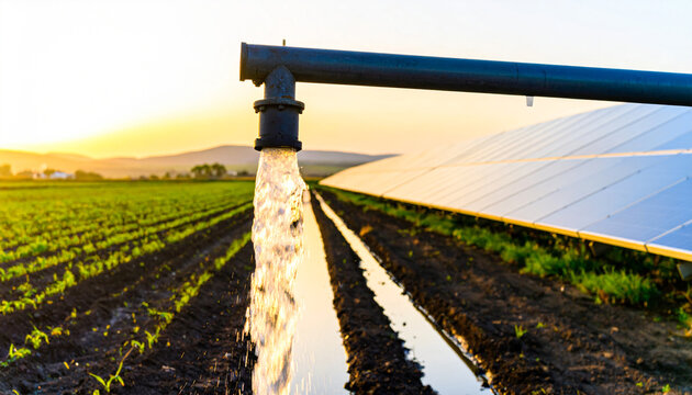 Water flows from pipe to pond on farm at sunset, for irrigation and water resource management